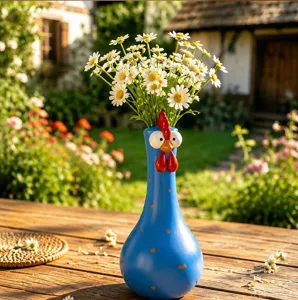 Nahaufnahme der blauen Hühner-Harzvase mit Gänseblümchen in einem sonnigen Garten