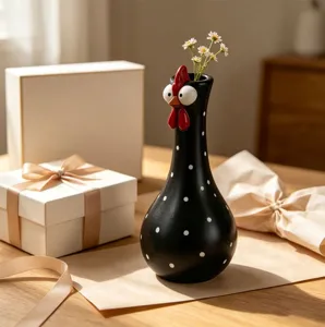 Detail eines niedlichen schwarzen Huhn-Harz-Vase mit weißen Punkten und großen Augen