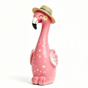 Figura decorativa de flamenco rosa de resina con sombrero de paja para el hogar creativo