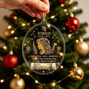 Virgo Sternzeichen Acryl Weihnachtsanhänger mit Geldhalter für festliche Geschenke.