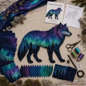 Detaillierte Ansicht des Aurora Borealis Wolf DIY-Sticksets mit Garnen und Guides