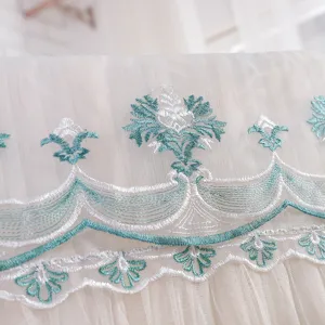 Detailed view of white lace embroidered air conditioner dust cover with elegant teal patterns.