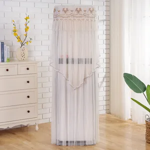 Elegant vertical lace air conditioner dust cover, breathable mesh fabric, home decor.