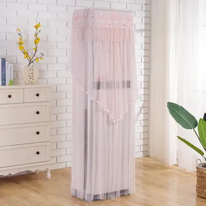 Pink lace vertical air conditioner dust cover, elegant mesh floral embroidered home decor.