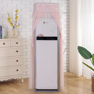 Pink lace vertical air conditioner dust cover, elegant floral embroidery, home decor appliance protector.
