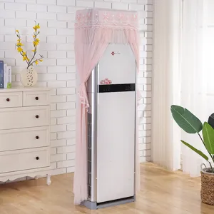 Pink lace vertical air conditioner dust cover, elegant mesh fabric floral design for home decor.