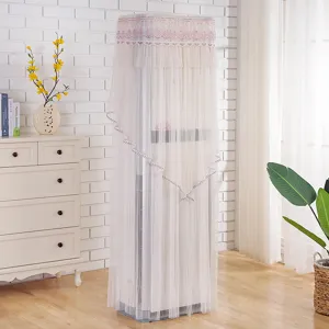 Vertical lace air conditioner dust cover, elegant mesh fabric protector for home decor use.