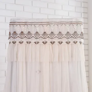 Close-up view of the elegant lace embroidery on the upright air conditioner dust cover.