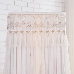 Detailed shot of elegant lace vertical air conditioner dust cover with delicate embroidery mesh.