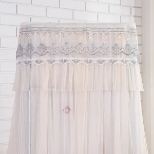 Exquisite lace upright air conditioner dust cover detail, sheer mesh embroidery.