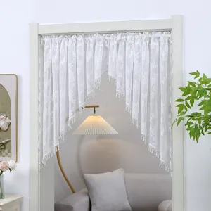 Franse Stijl Wit Kanten Deurgordijn Elegant Effen Kleur Ruimteverdeler Gordijn Met Parelhanger Voor Huis Slaapkamer Decoratie