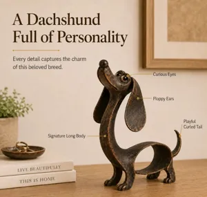 Vista detallada de la figura de perro salchicha estilizada con rasgos de diseño únicos