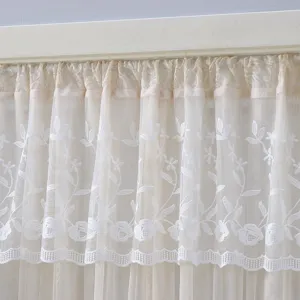 Detailed view of white floral lace sheer curtain embroidery pattern close up texture.