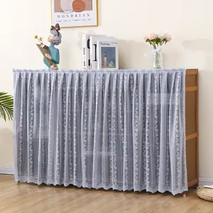 Grey lace dust curtain for bookshelf, shoe rack and cabinet, elegant fabric decorative cover.
