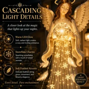Detailed view of solar angel garden light with cascading LED snowflakes and warm glow.