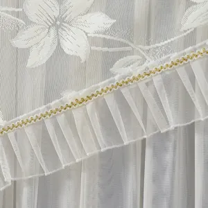 Close-up of white sheer lace curtain detail with delicate floral embroidery and gold trim.