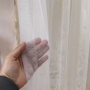 White lace sheer curtain detail view, delicate mesh fabric showing texture and privacy.