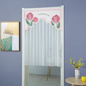 Tulip print short curtain for bedroom doorway, pink lace arch valance with sheer white net.