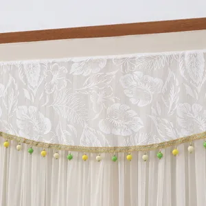 Detail of sheer lace door curtain with floral pattern, golden trim and beaded fringe.