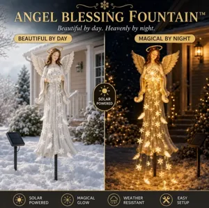 Detail showing solar angel garden stake light in day and night settings with glow effect