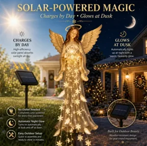 Detail view of solar angel garden light showing daytime charging and automatic night glow.