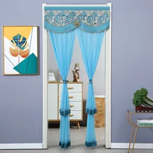 Blue lace door curtain with mesh panel, elegant room divider for bedroom and home decor.