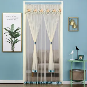 Mosquito net door curtain with lace mesh and floral embroidery for bedroom privacy.