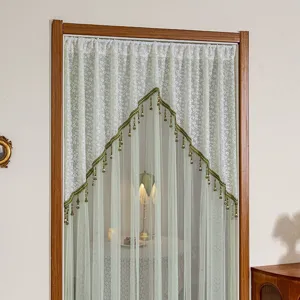 Elegant lace door curtain for bedroom decoration and mosquito protection with delicate beaded trim.