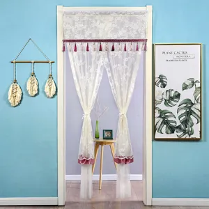 White lace door curtain with tassels and pink hem, double layer mosquito net for room.