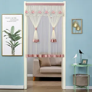 Double layer lace door curtain pink floral mesh mosquito net home room decor aesthetic hanging curtain