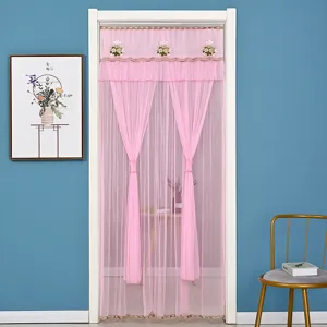 Cortina de puerta transparente rosa doble capa antimosquitos decorativa dormitorio detalle tul