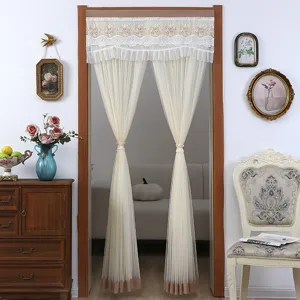 Beige lace door curtain, short sheer half curtain with elegant embroidery for home privacy.