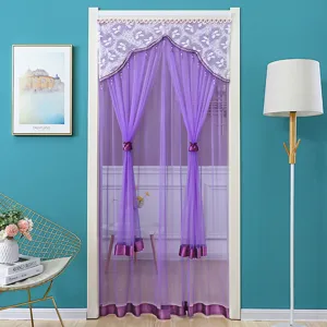Purple double layer door curtain with white lace top and tie backs for home bedroom privacy.