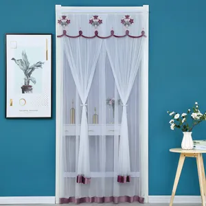 White sheer door curtain with purple floral embroidery and tassel tie backs for home decor