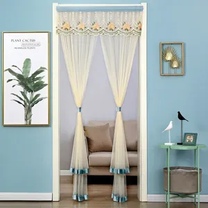Double layer lace door curtain with blue velvet trim and rose embroidery for home decoration.