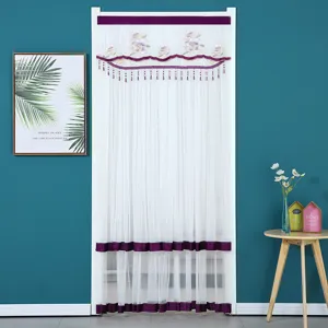 Double layer sheer door curtain with purple lace floral embroidery and fringe design for room.