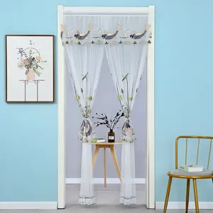 Cortina de puerta de encaje bordado blanco antimosquitos diseño de pez y flores hogar