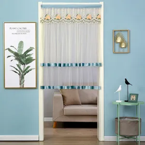 Double layer lace gauze door curtain with embroidery and velvet trim for home room decoration.