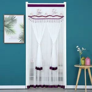Close-up details of the double layer white lace embroidered door curtain with purple velvet trim.