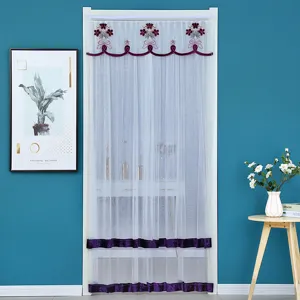 White sheer door curtain featuring purple velvet trim and delicate floral embroidery for room decor.
