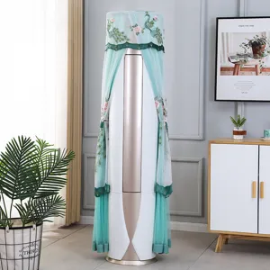 Vertical cylindrical air conditioner dust cover with elegant peacock floral embroidery mesh.