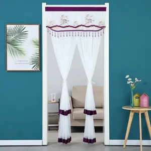 Double layer lace embroidered door curtain anti mosquito sheer tulle curtain for home decor