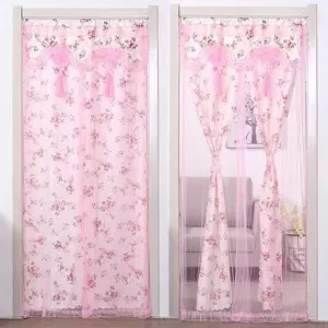 Pink floral mesh door curtain mosquito net for bedroom privacy and pest control hanging.