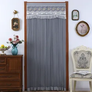 Grey sheer door curtain with elegant lace embroidery, vintage home decor scene detail shot.