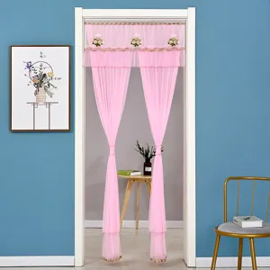 Cortina de puerta de malla doble rosa con delicado bordado, perfecta para decorar el dormitorio.