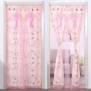 Pink floral fabric door curtain with lace ruffles for bedroom privacy and room decor.