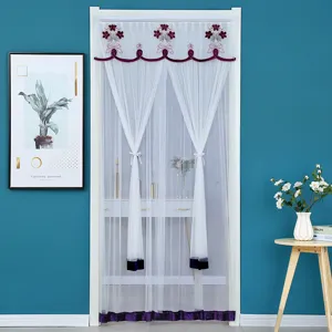 White sheer door curtain with purple velvet embroidery floral design for home room decor