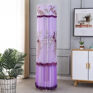 Vertical cylindrical floor standing air conditioner dust cover with elegant peacock floral embroidery.