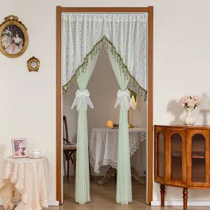 Green lace door curtain with bows, vintage aesthetic mosquito net partition for bedroom home.
