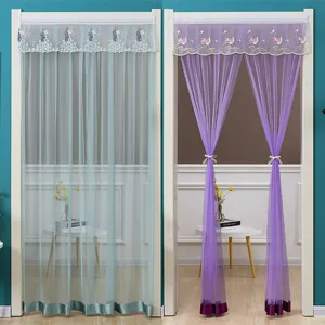 Rideau de Porte Moustiquaire en Dentelle Double Panneau Anti-Moustique Rideau Transparent avec Broderie Florale Velcro